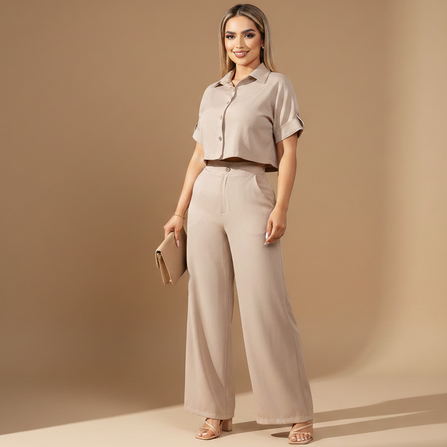 Conjunto femenino de top corto y pantalón largo recto