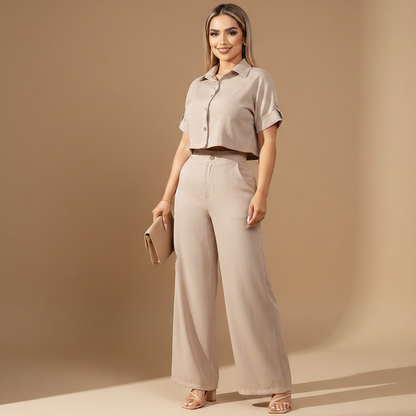 Conjunto femenino de top corto y pantalón largo recto