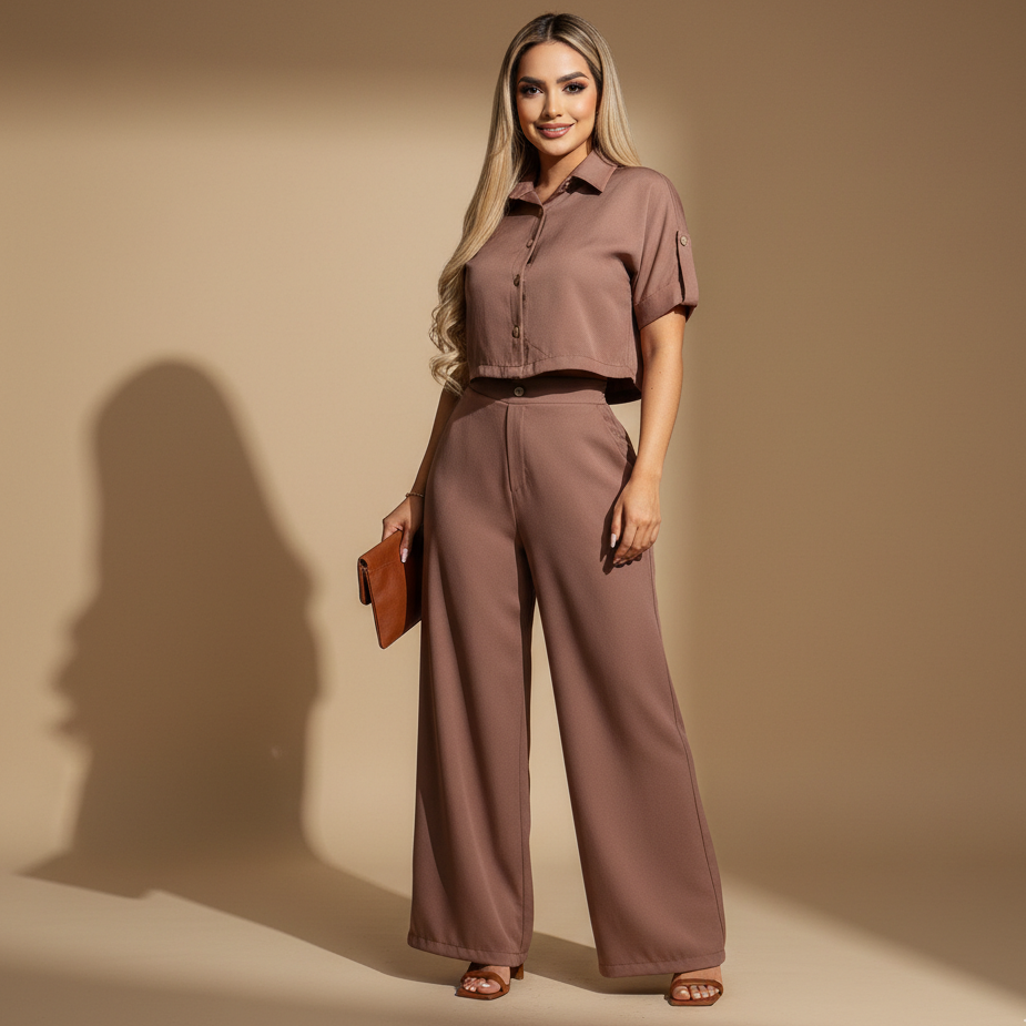 Conjunto femenino de top corto y pantalón largo recto