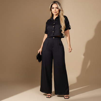 Conjunto femenino de top corto y pantalón largo recto