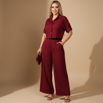 Conjunto femenino de top corto y pantalón largo recto