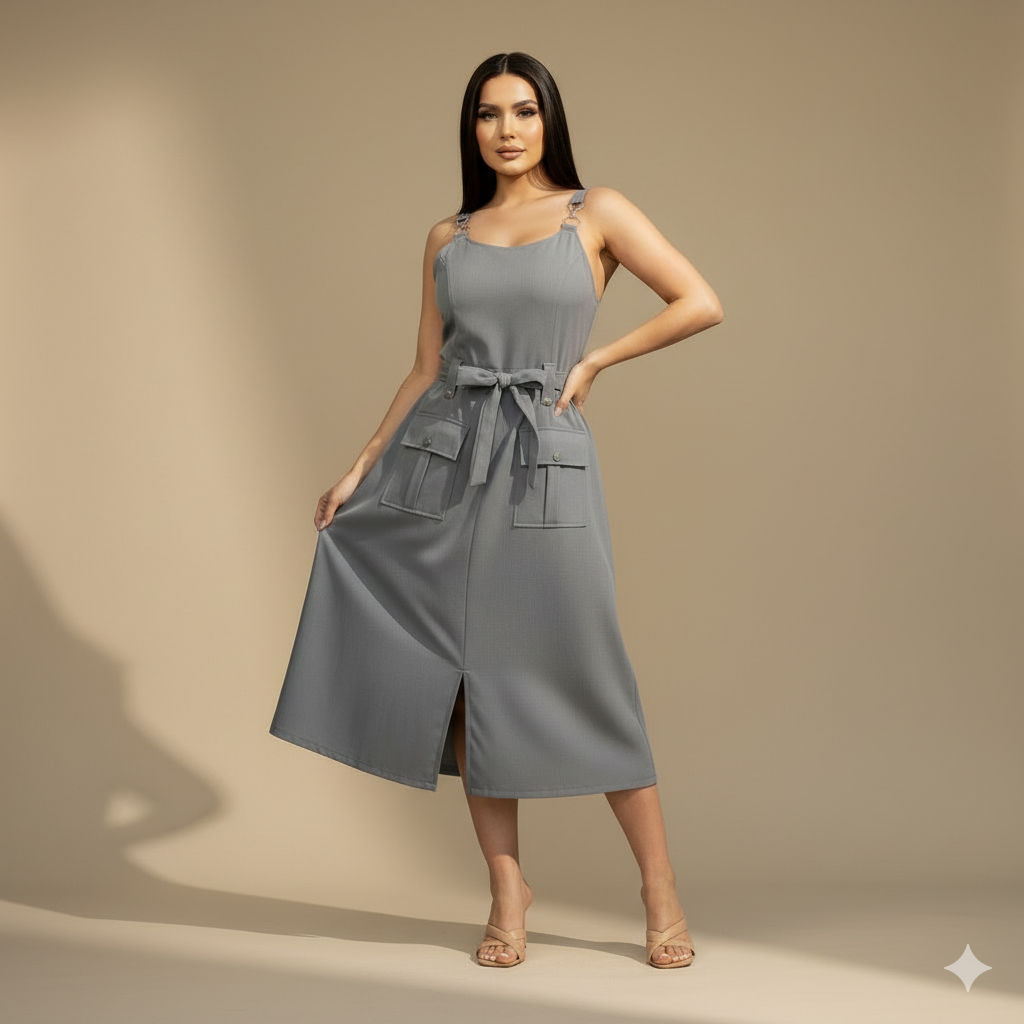 Vestido midi de Tirantes con Cinturón y Bolsillos Frontales