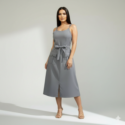 Vestido midi de Tirantes con Cinturón y Bolsillos Frontales