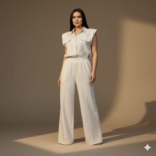 Conjunto Marfil de Camisa sin Mangas y Pantalón de Pierna Amplia