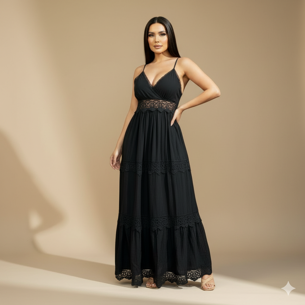 Vestido Largo Negro con Encaje y Tirantes Delgados para Mujer
