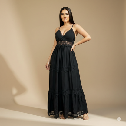 Vestido Largo Negro con Encaje y Tirantes Delgados para Mujer
