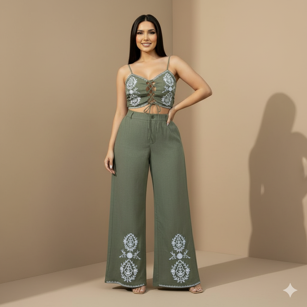 Conjunto Verde Bordado Top y Pantalón Palazzo
