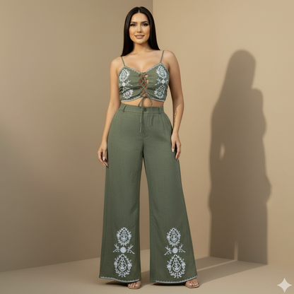 Conjunto Verde Bordado Top y Pantalón Palazzo