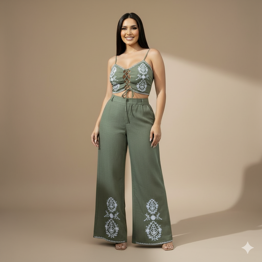 Conjunto Verde Bordado Top y Pantalón Palazzo