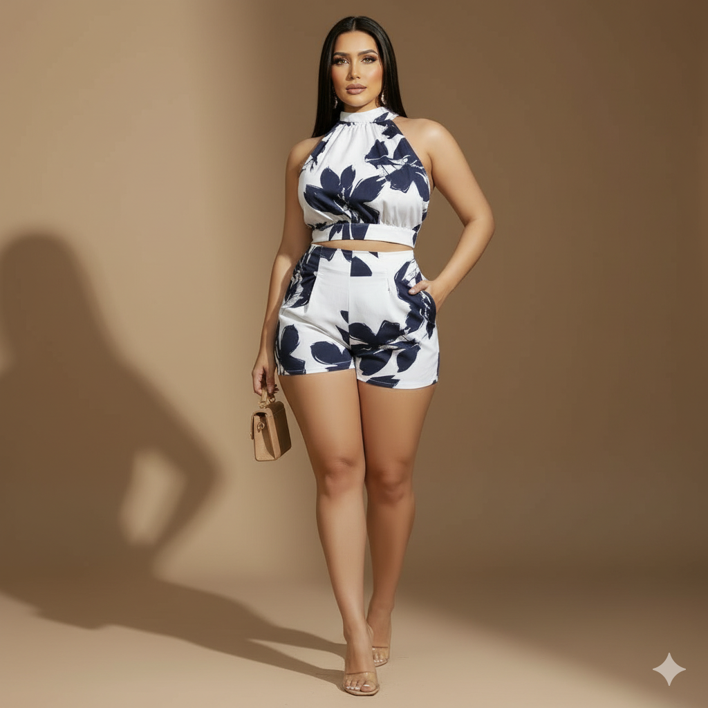 Conjunto femenino de dos piezas con estampado floral