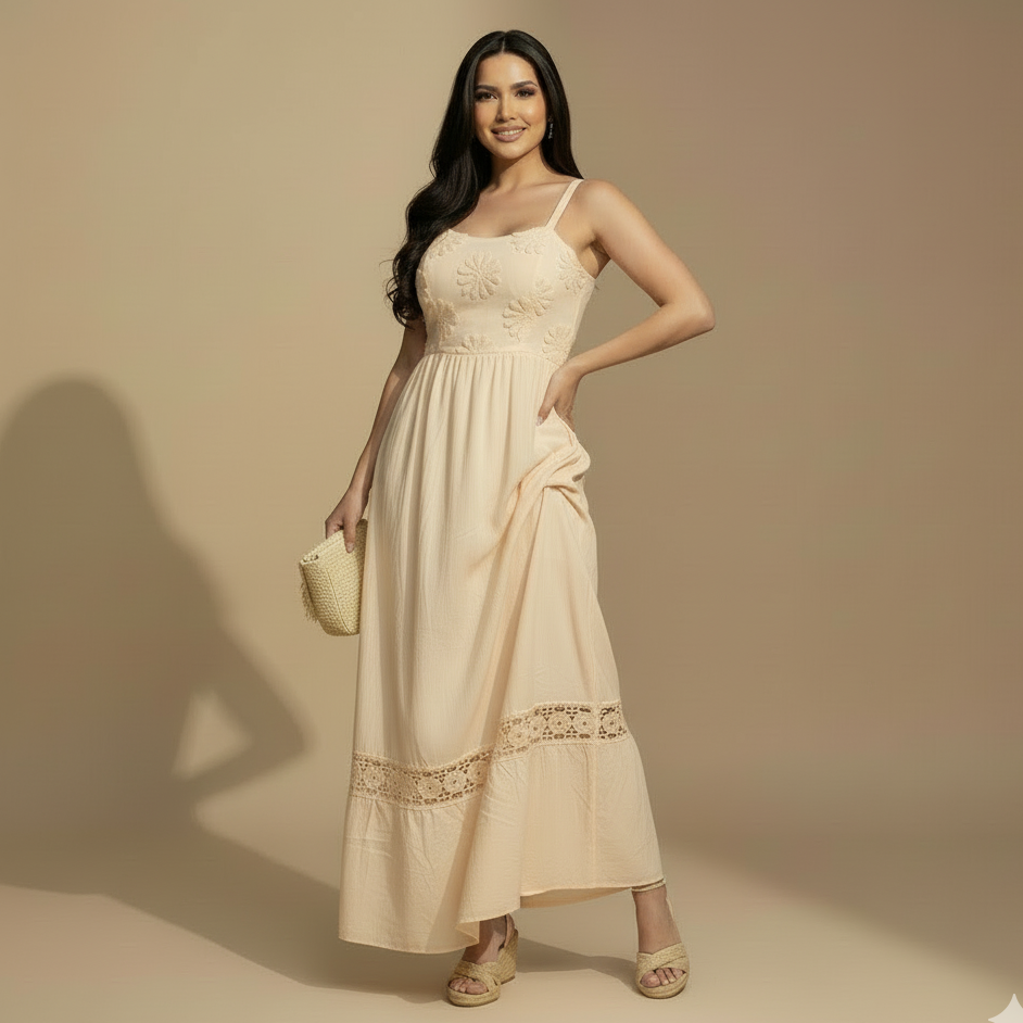 Vestido Largo Beige con Escote Recto y Flores en Relieve