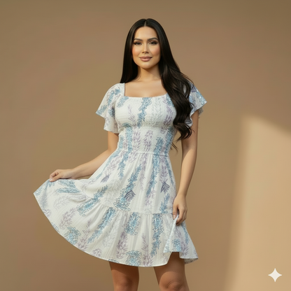 Vestido Corto Estampado para Mujer con Escote Cuadrado y Mangas Voladas