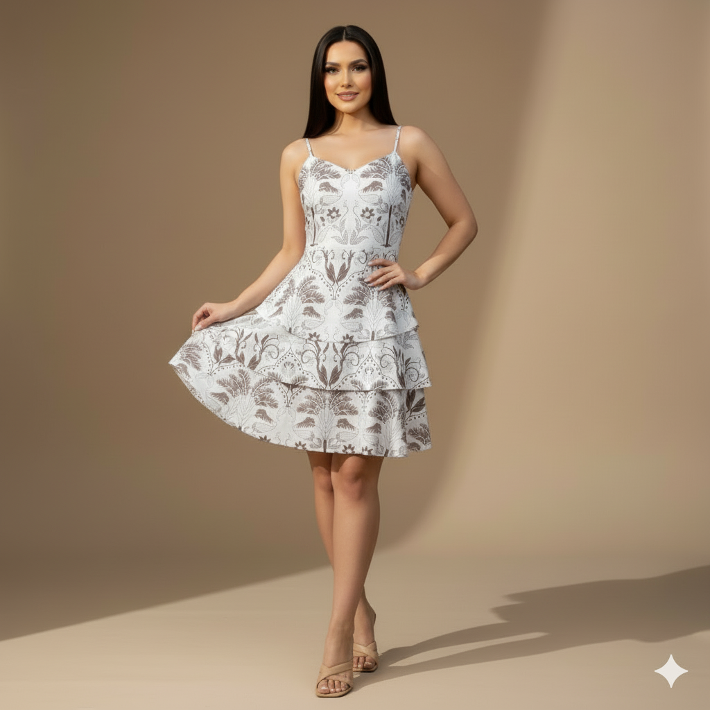 Vestido Corto Estampado para Mujer con Tirantes y Falda en Capas