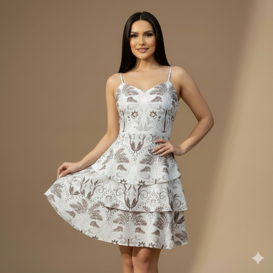 Vestido Corto Estampado para Mujer con Tirantes y Falda en Capas