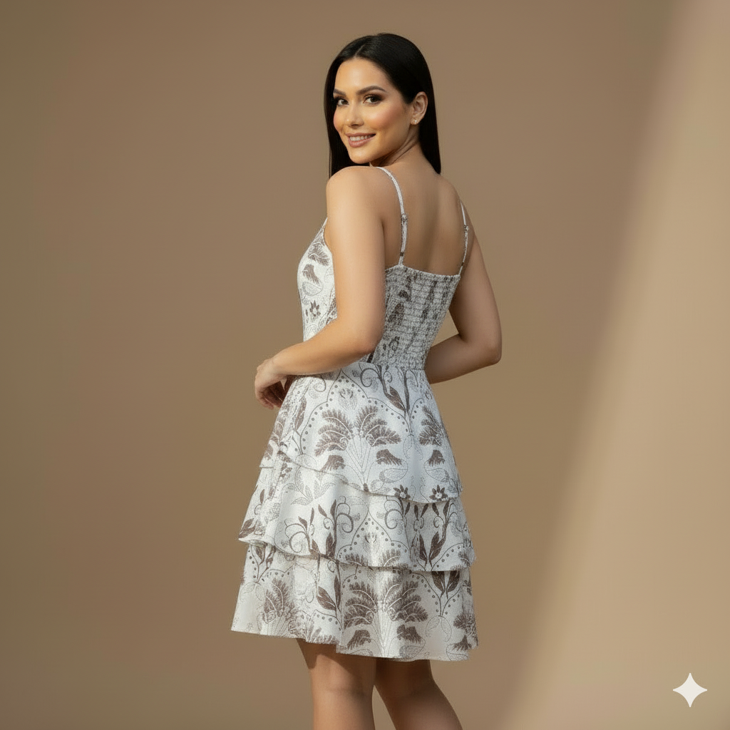 Vestido Corto Estampado para Mujer con Tirantes y Falda en Capas