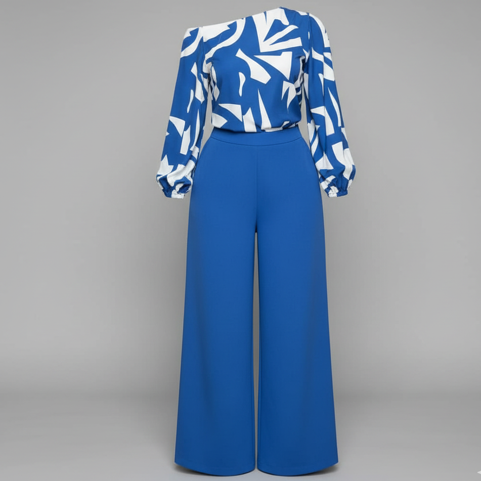 Conjunto femenino elegante con blusa estampada y pantalón de corte amplio