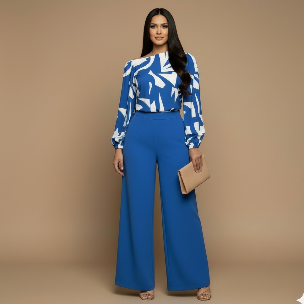 Conjunto femenino elegante con blusa estampada y pantalón de corte amplio