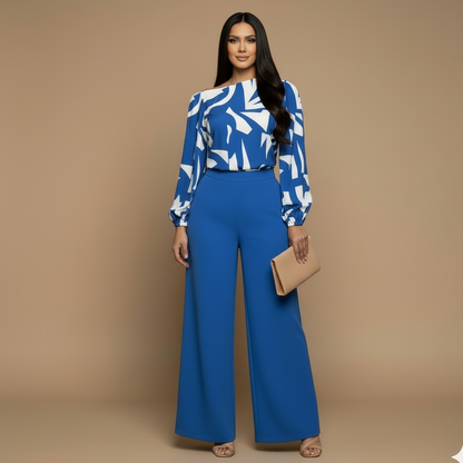 Conjunto femenino elegante con blusa estampada y pantalón de corte amplio