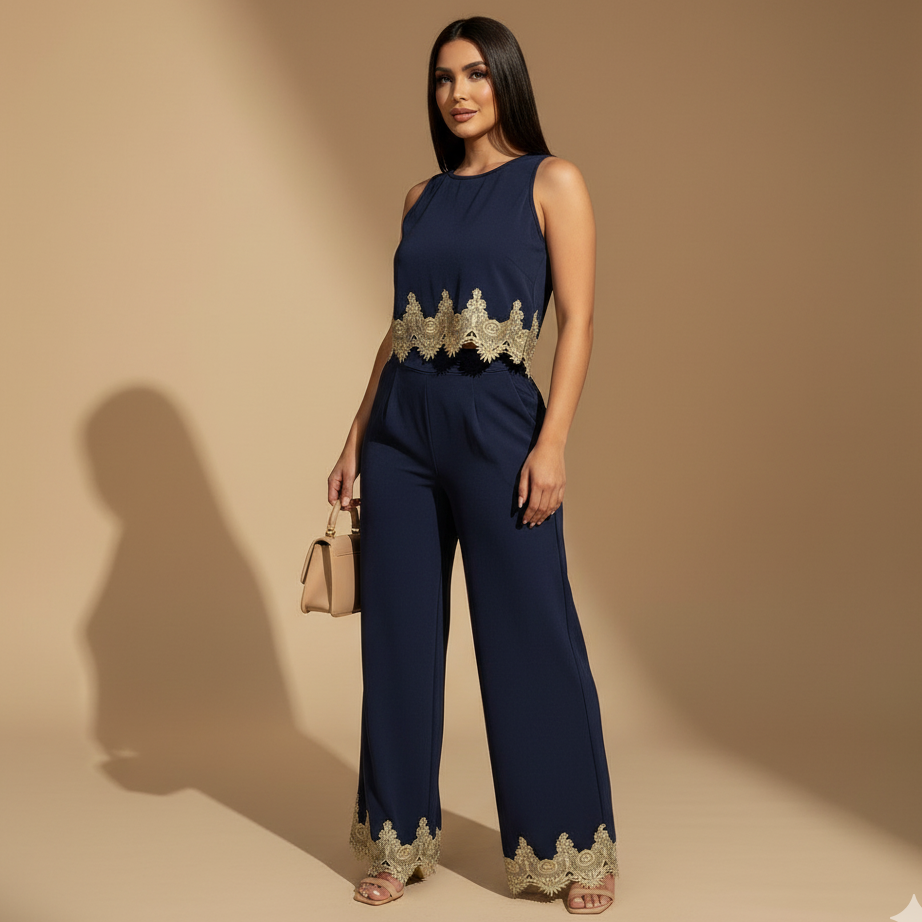 Set femenino elegante con top sin mangas y pantalón de corte amplio