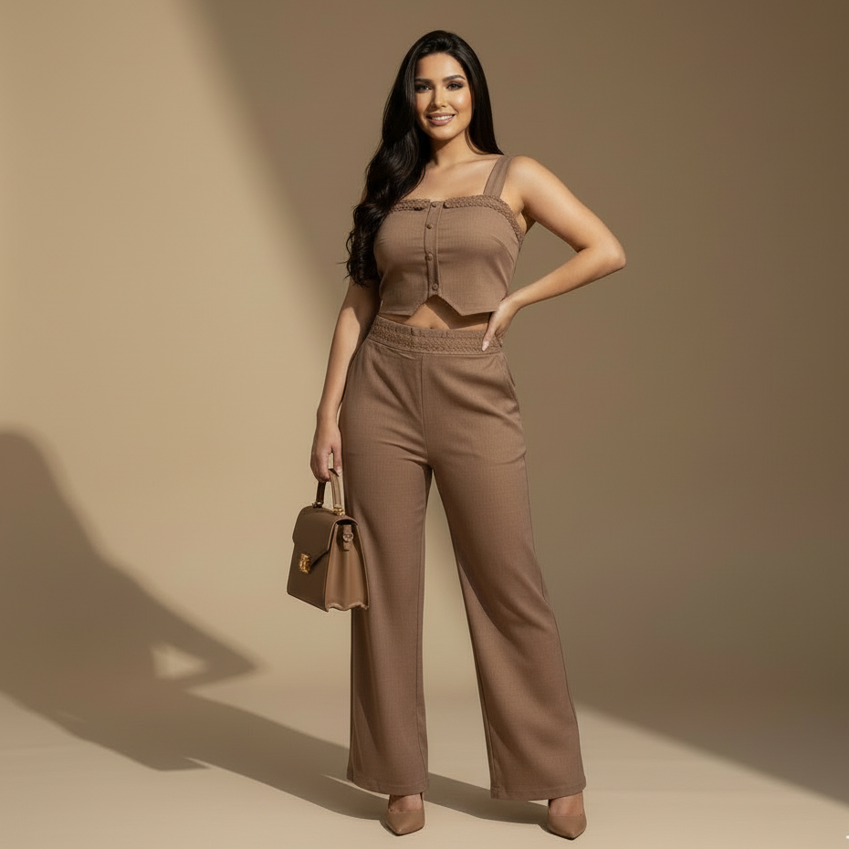 Conjunto mujer top con botones y pantalón tiro alto recto
