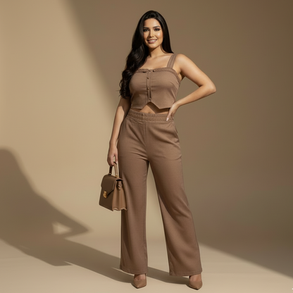 Conjunto mujer top con botones y pantalón tiro alto recto