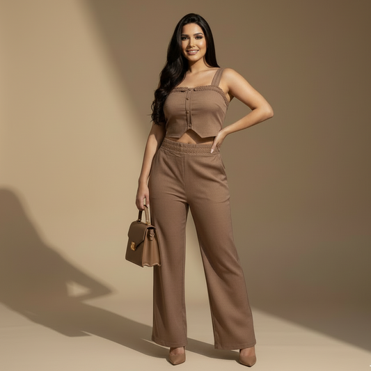 Conjunto mujer top con botones y pantalón tiro alto recto