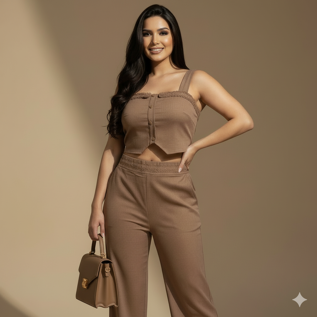 Conjunto mujer top con botones y pantalón tiro alto recto