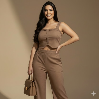 Conjunto mujer top con botones y pantalón tiro alto recto