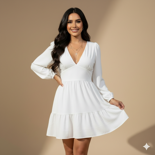 Vestido corto blanco escote en V con falda escalonada y manga larga