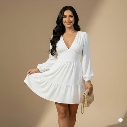 Vestido corto blanco escote en V con falda escalonada y manga larga