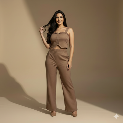 Conjunto mujer top con botones y pantalón tiro alto recto