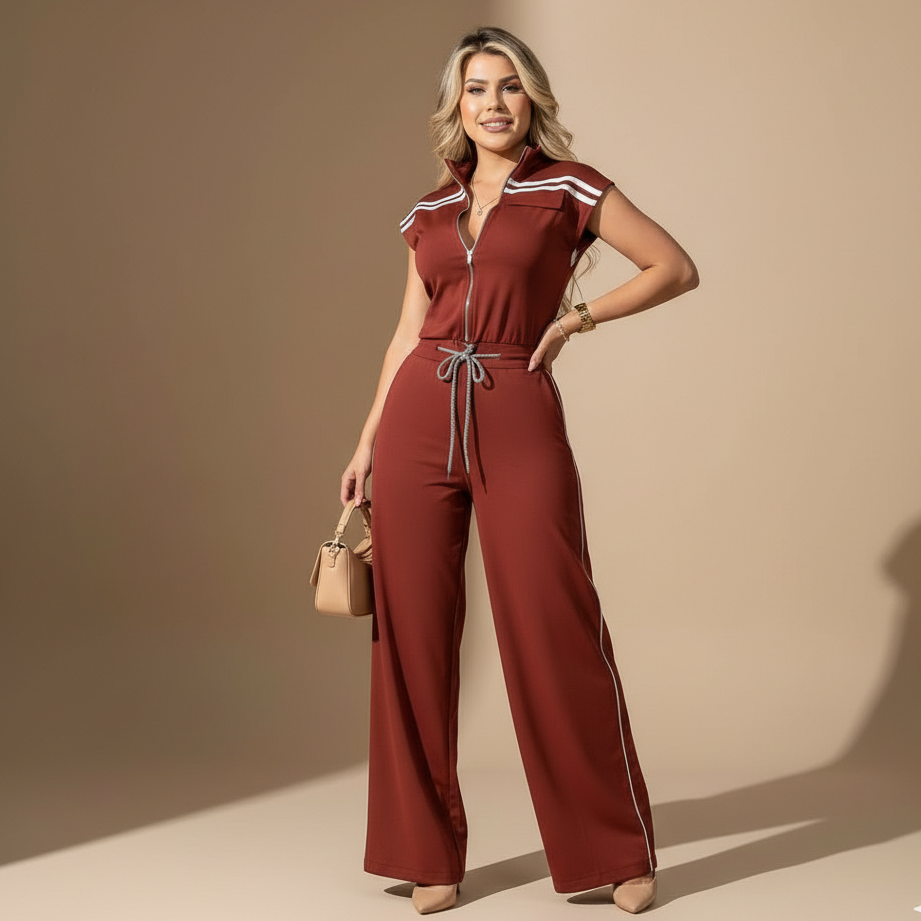 Conjunto Elegante para Mujer de Top con Cierre y Pantalón de Corte Recto