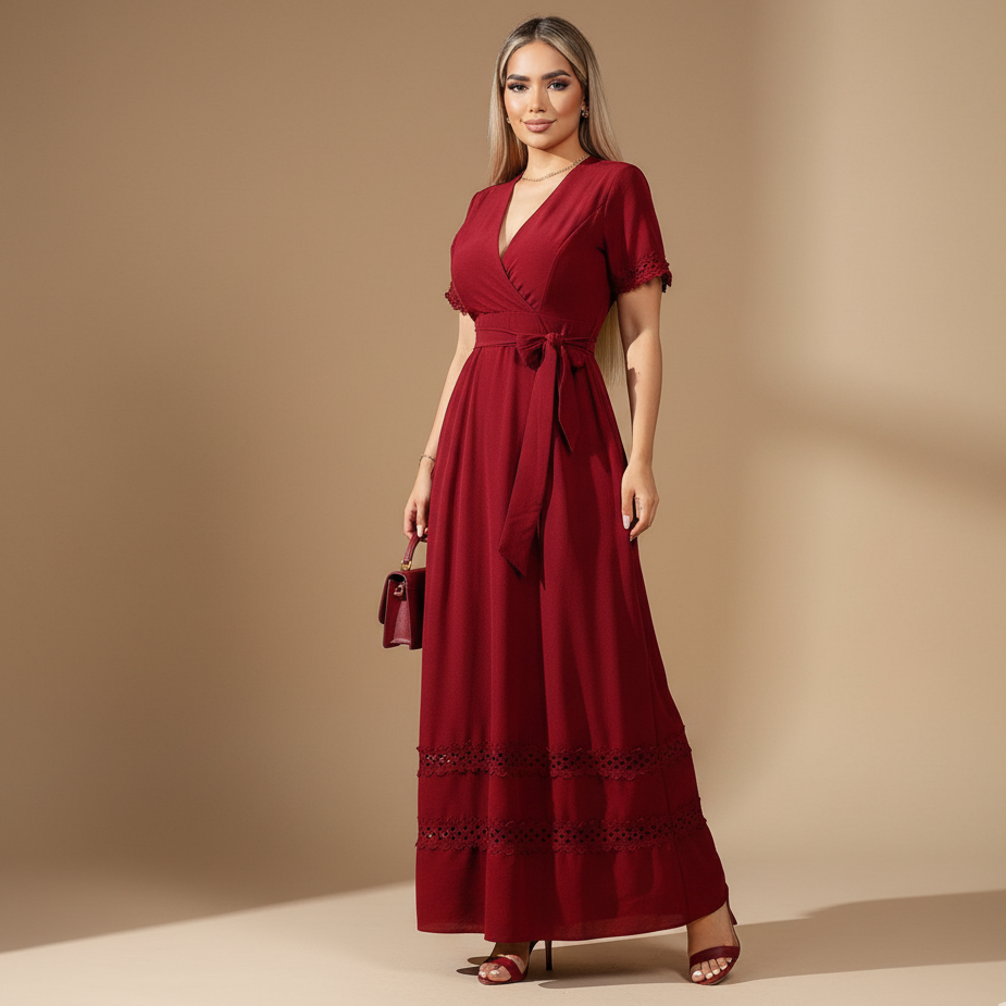 Vestido Largo para Mujer con Escote en V y Detalles en Encaje