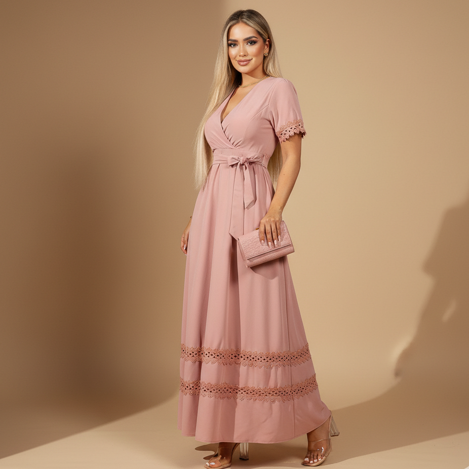 Vestido Largo para Mujer con Escote en V y Detalles en Encaje