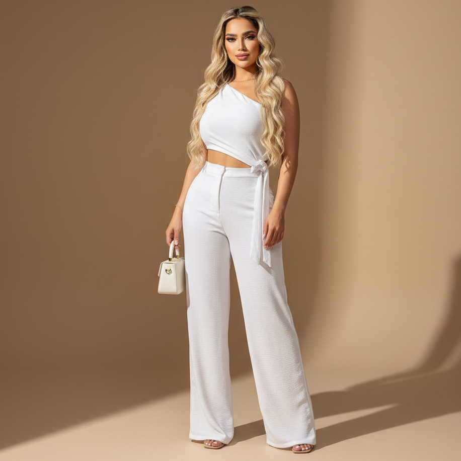 Conjunto para Mujer Top Asimétrico y Pantalón de Corte Recto