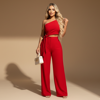 Conjunto para Mujer Top Asimétrico y Pantalón de Corte Recto