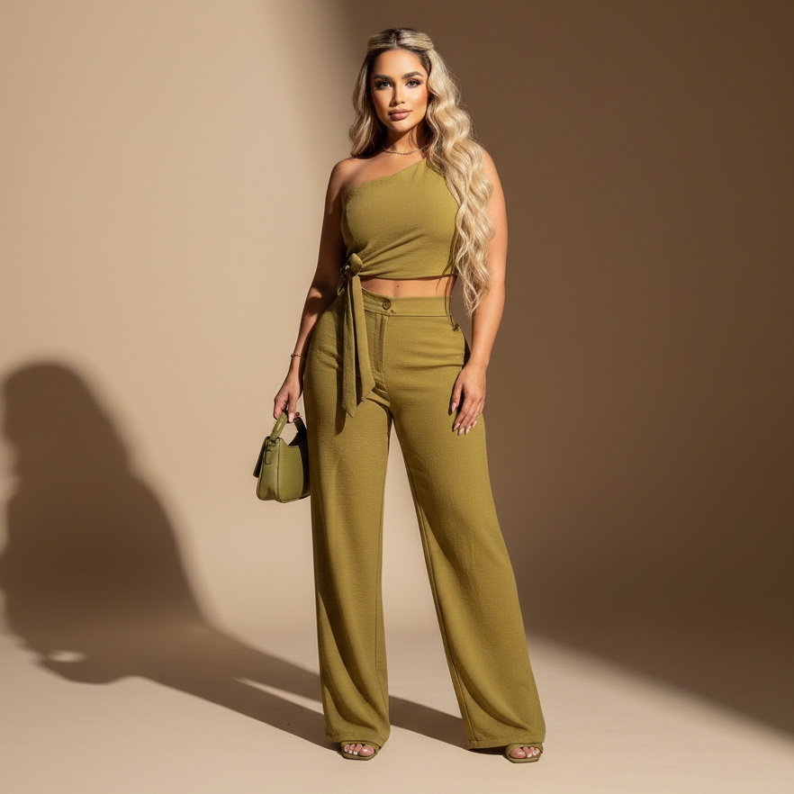 Conjunto para Mujer Top Asimétrico y Pantalón de Corte Recto