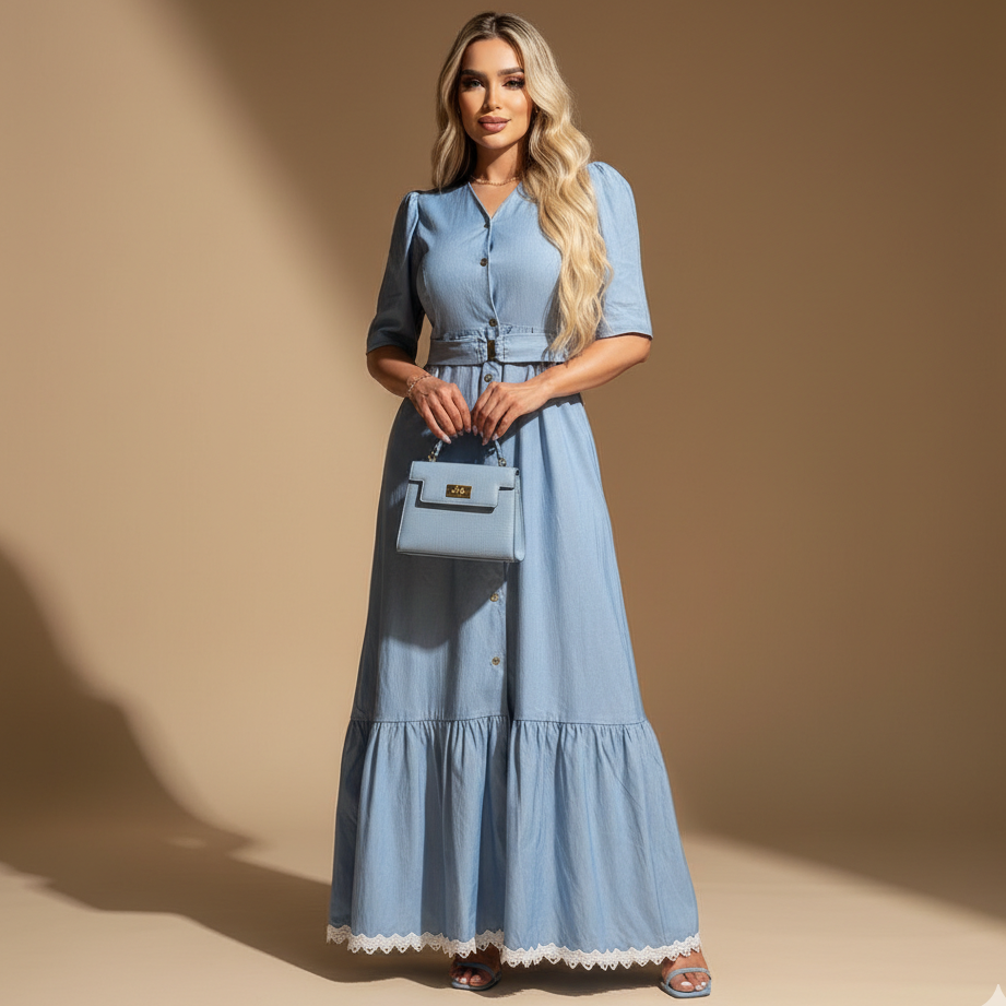 Vestido Largo de Jeans para Mujer con Botonera Frontal y Cinturón
