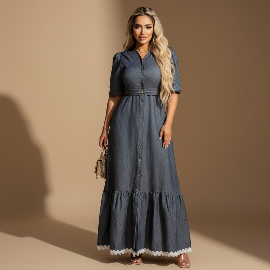 Vestido Largo de Jeans para Mujer con Botonera Frontal y Cinturón