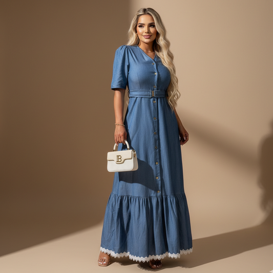 Vestido Largo de Jeans para Mujer con Botonera Frontal y Cinturón