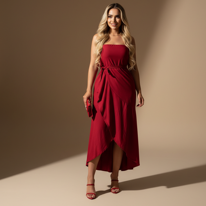 Vestido midi femenino de tirantes con cintura ajustable y falda asimétrica