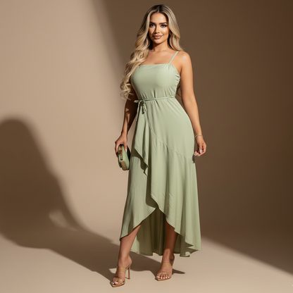 Vestido midi femenino de tirantes con cintura ajustable y falda asimétrica