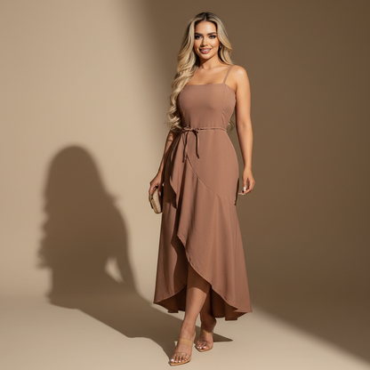 Vestido midi femenino de tirantes con cintura ajustable y falda asimétrica