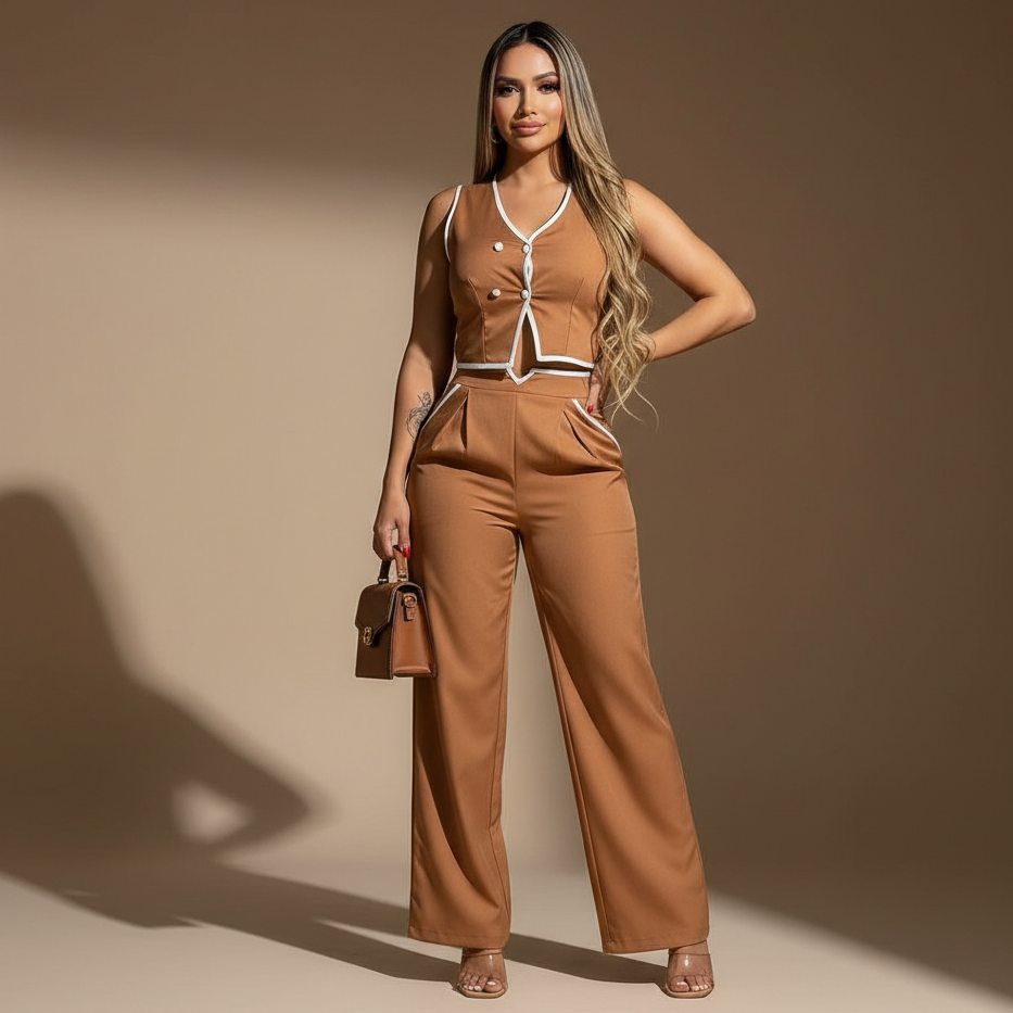 Conjunto elegante para mujer de pantalón recto y top sin mangas con botones