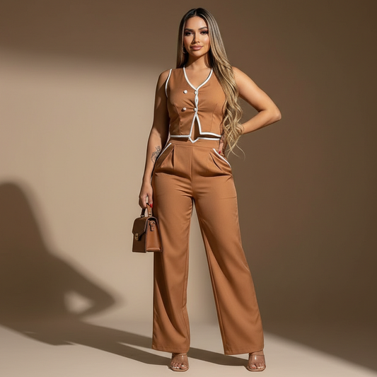 Conjunto elegante para mujer de pantalón recto y top sin mangas con botones