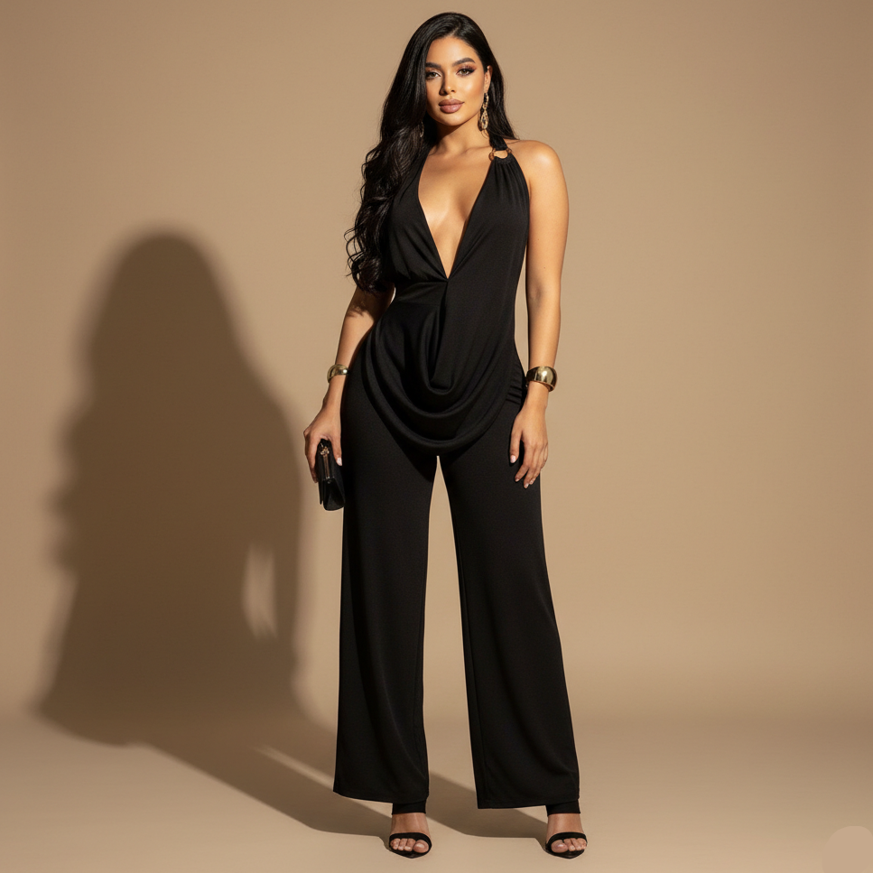 Enterizo Largo para Mujer con Escote Profundo y Pantalón Amplio