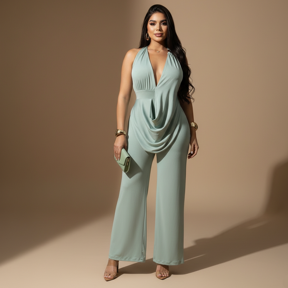 Enterizo Largo para Mujer con Escote Profundo y Pantalón Amplio