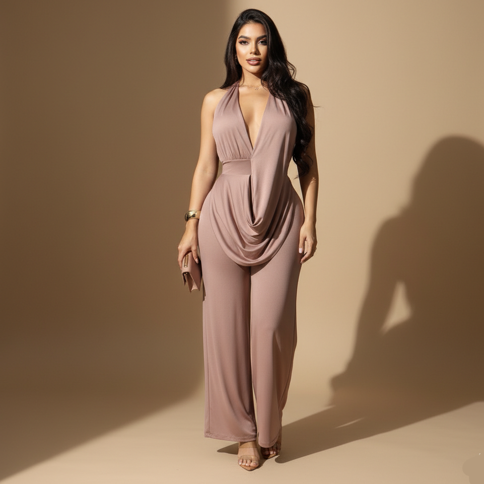 Enterizo Largo para Mujer con Escote Profundo y Pantalón Amplio