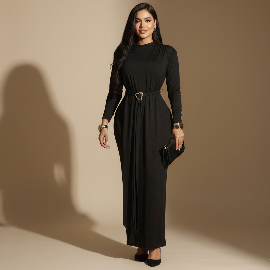 Vestido Largo para Mujer con Manga Larga y Detalle Ajustable en Cintura