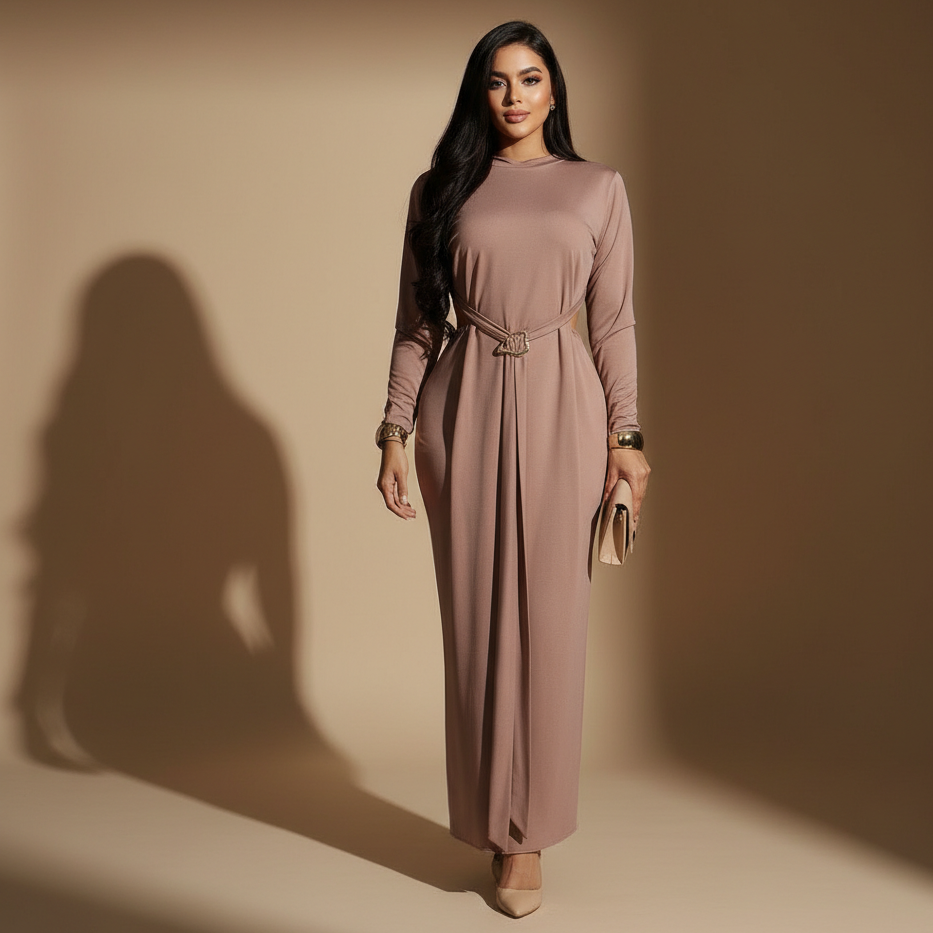Vestido Largo para Mujer con Manga Larga y Detalle Ajustable en Cintura